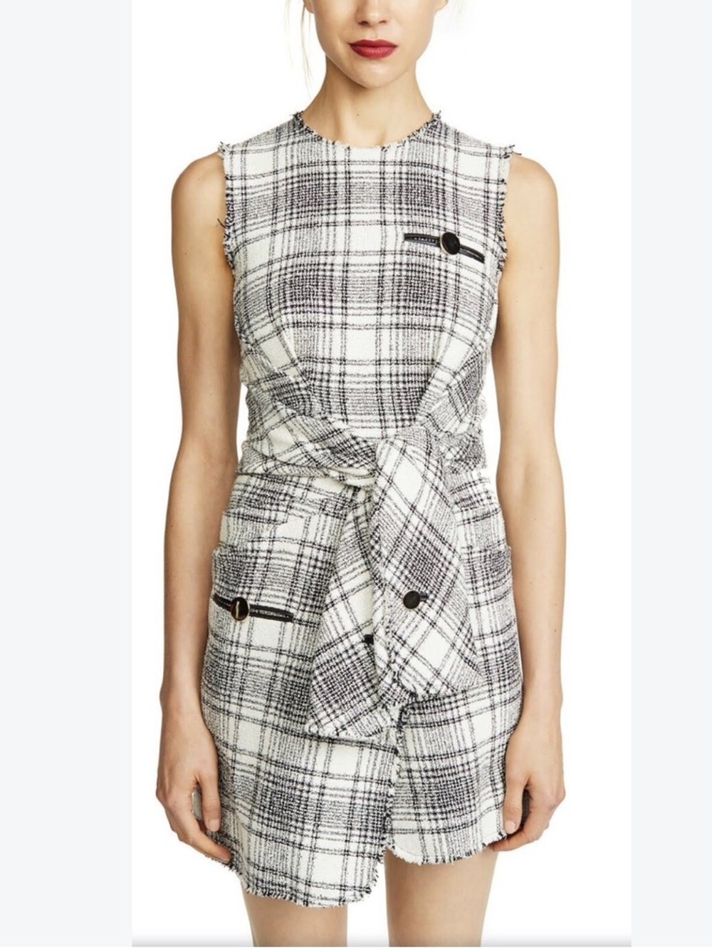 Alexander Wang Sleeveless Black & White Plaid Tie-Waist Dress